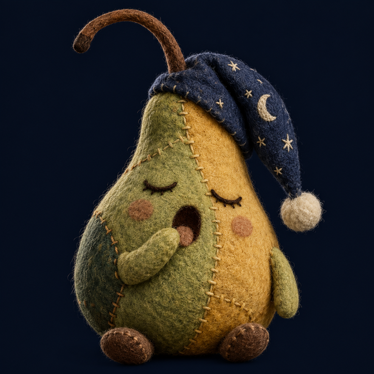 An original long-stem patchwork pear yawning under a navy sleeping cap